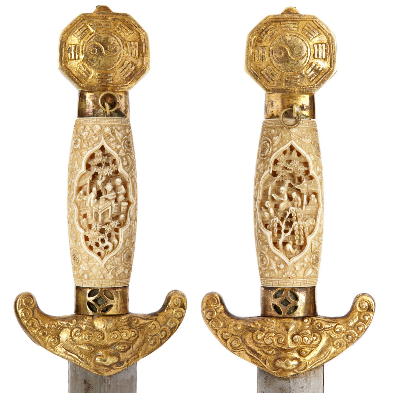 Antique Chinese double swords with carved ivory handles. Guangzhou, 1830's - 40's