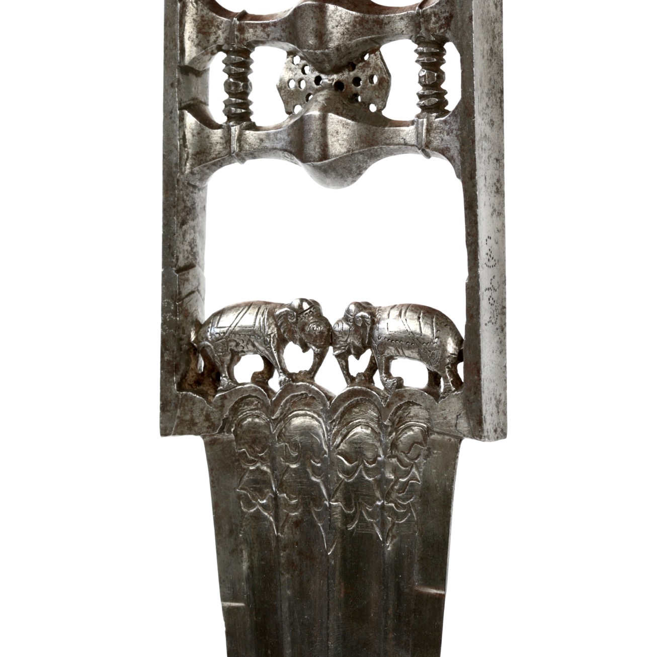 An all-steel katar with chiseled elephants and Bikaner armory marks
