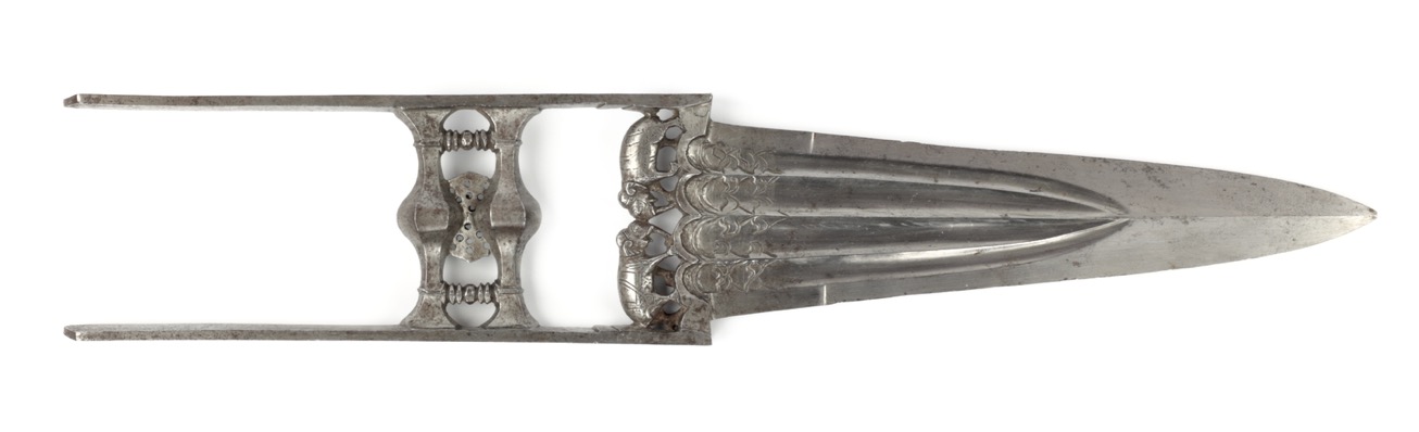 An all-steel katar with chiseled elephants and Bikaner armory marks