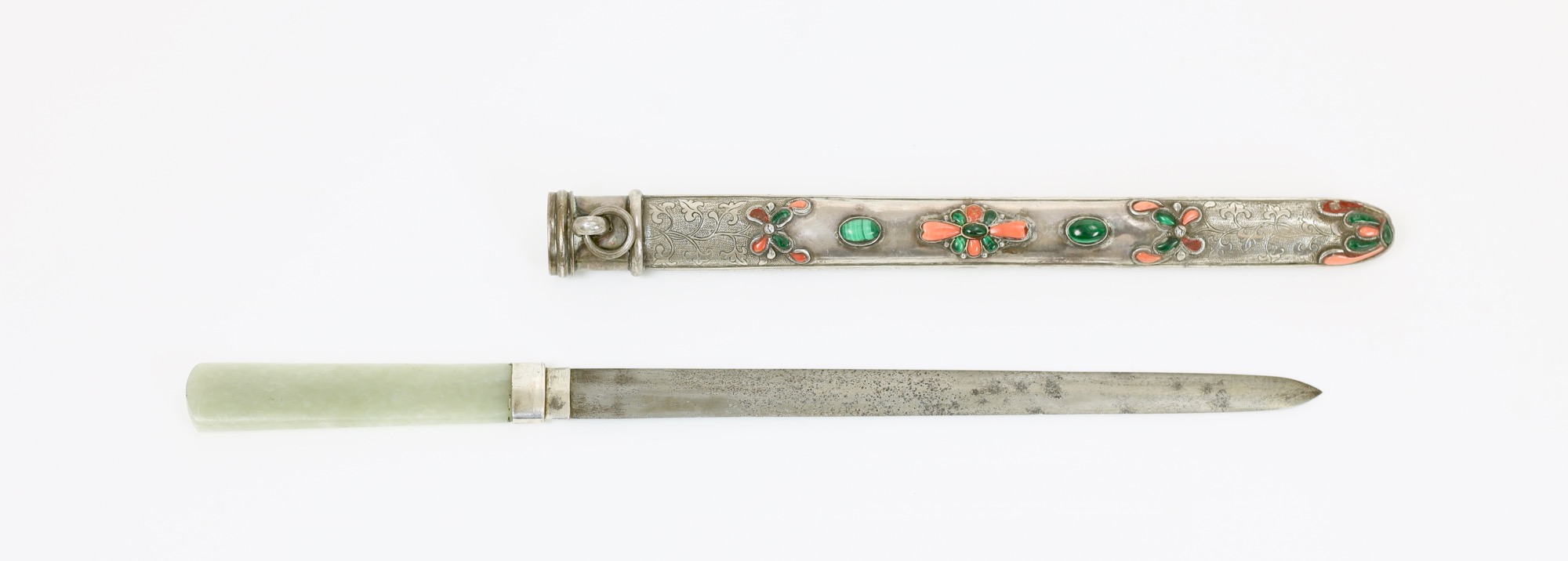 Antique Chinese knife in Mongolian style with double edged blade and jade handle