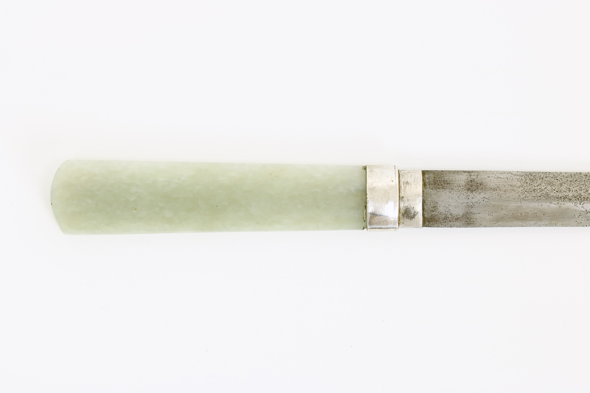Antique Chinese knife in Mongolian style with double edged blade and jade handle
