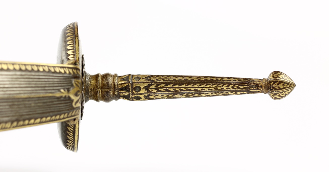 Indian Khanda with wootz handle and fine wootz blade. Lavishly decorated with gold.