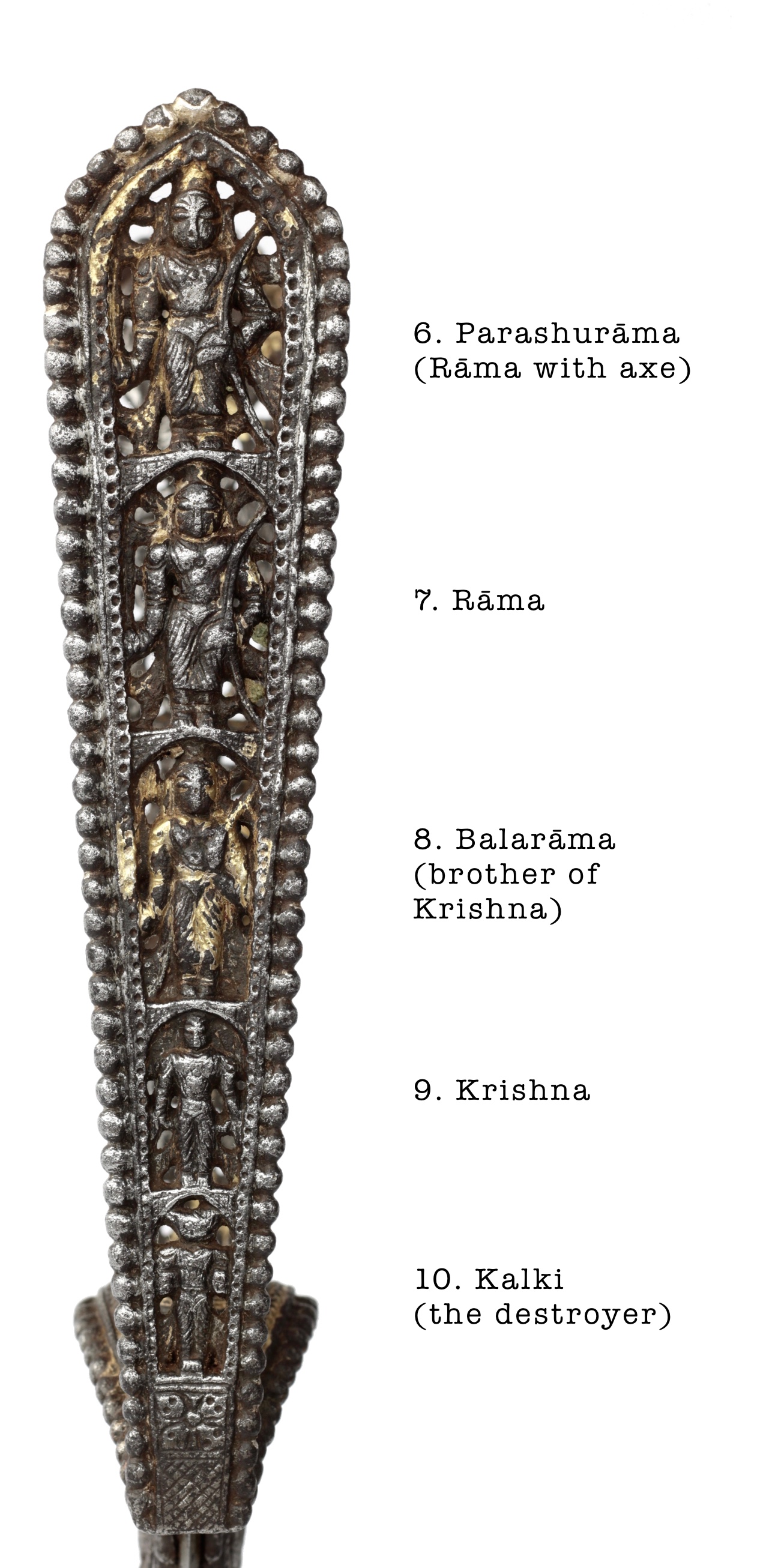 The avatars of Vishnu on an antique katar from the Tanjore armory.