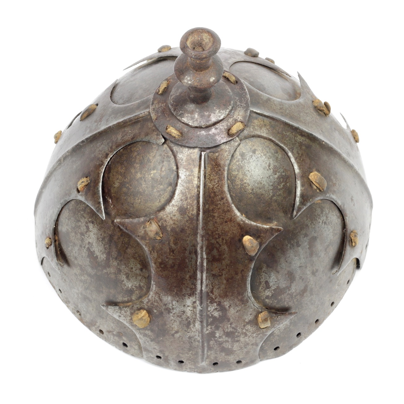 An antique Tibetan eight-plate helmet with partial lamellar armor